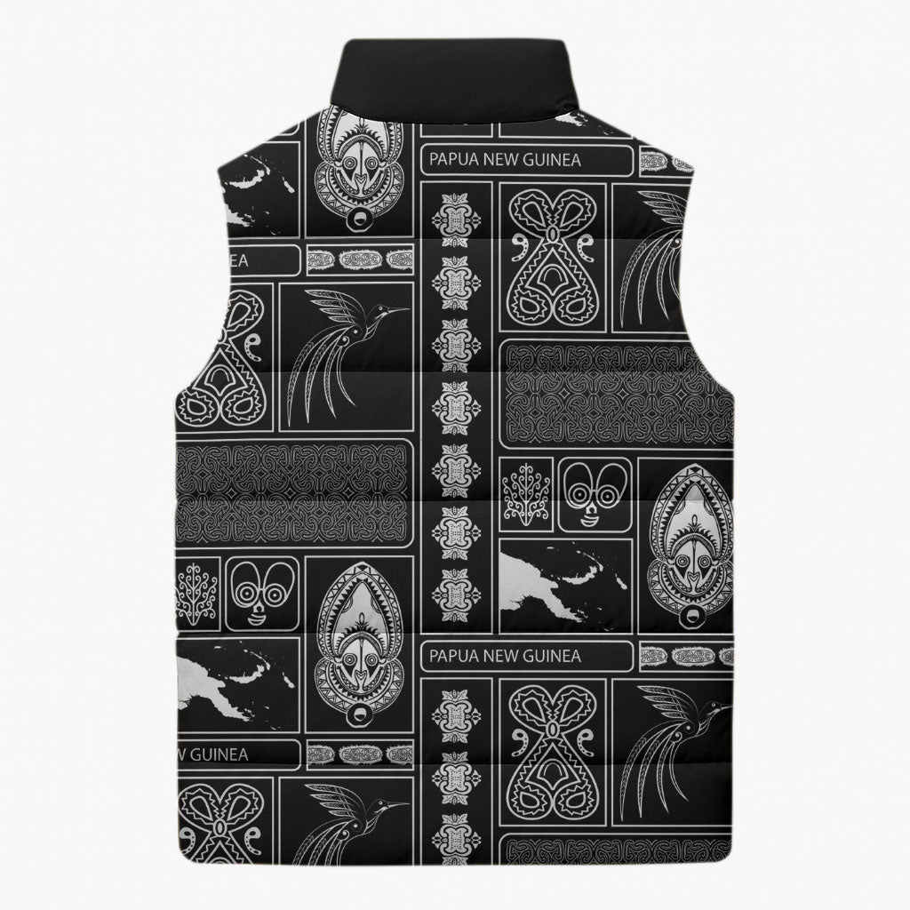 Papua New Guinea Heritage Motif Sleeveless Puffer Jacket Black Version LT05 - Polynesian Pride
