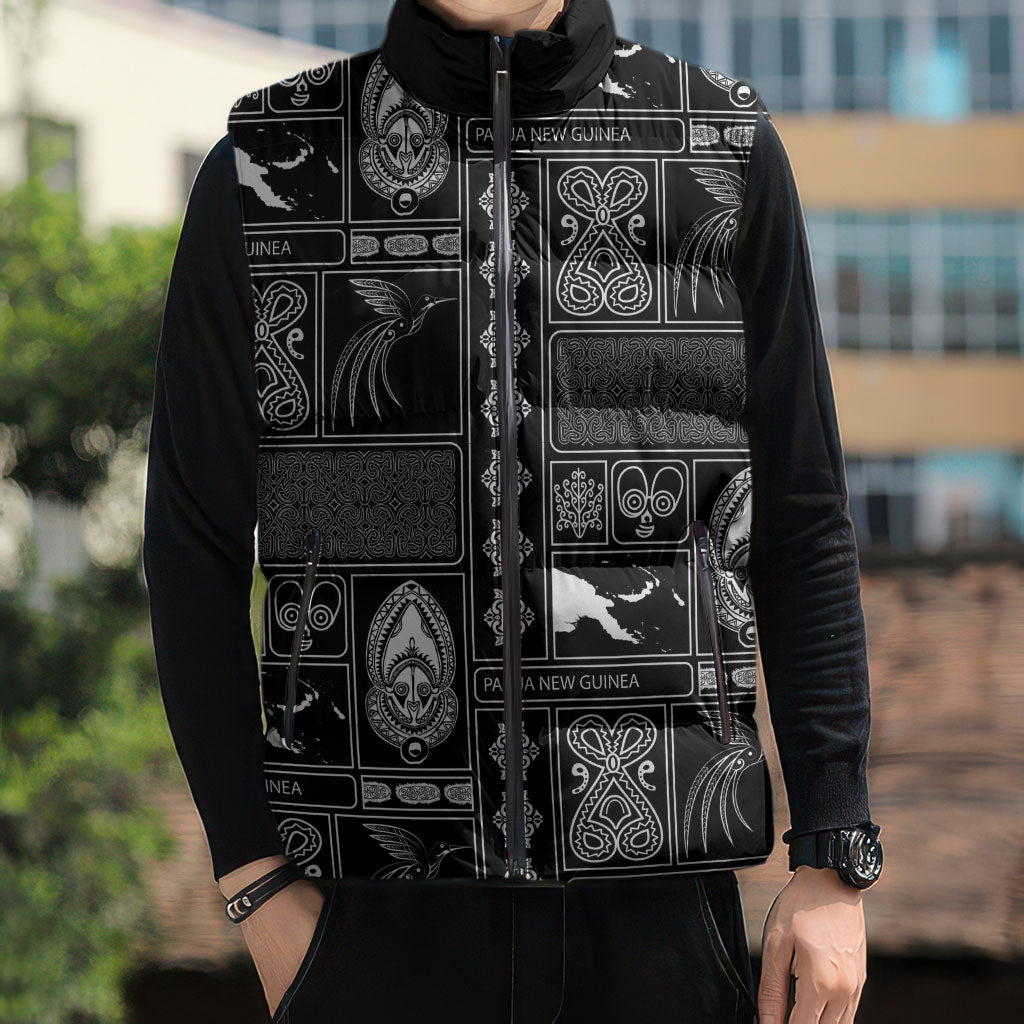 Papua New Guinea Heritage Motif Sleeveless Puffer Jacket Black Version LT05 - Polynesian Pride