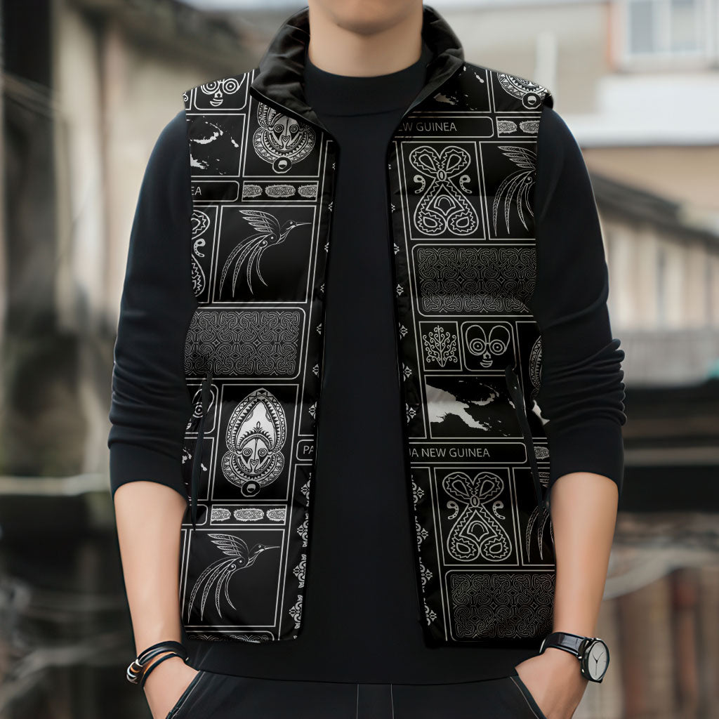 Papua New Guinea Heritage Motif Sleeveless Puffer Jacket Black Version LT05 - Polynesian Pride