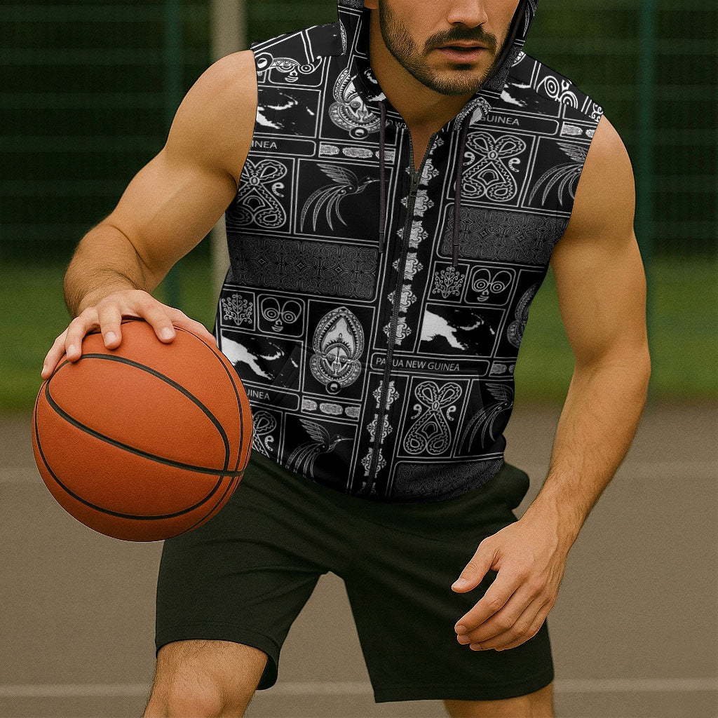 Papua New Guinea Heritage Motif Sleeveless Zip Hoodie Black Version LT05 - Polynesian Pride