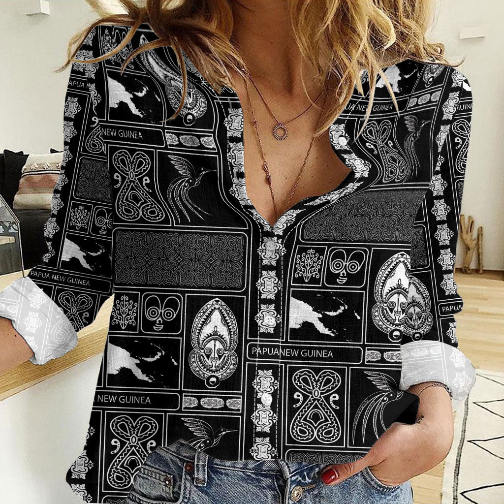 Papua New Guinea Heritage Motif Women Casual Shirt Black Version LT05 Female Black - Polynesian Pride