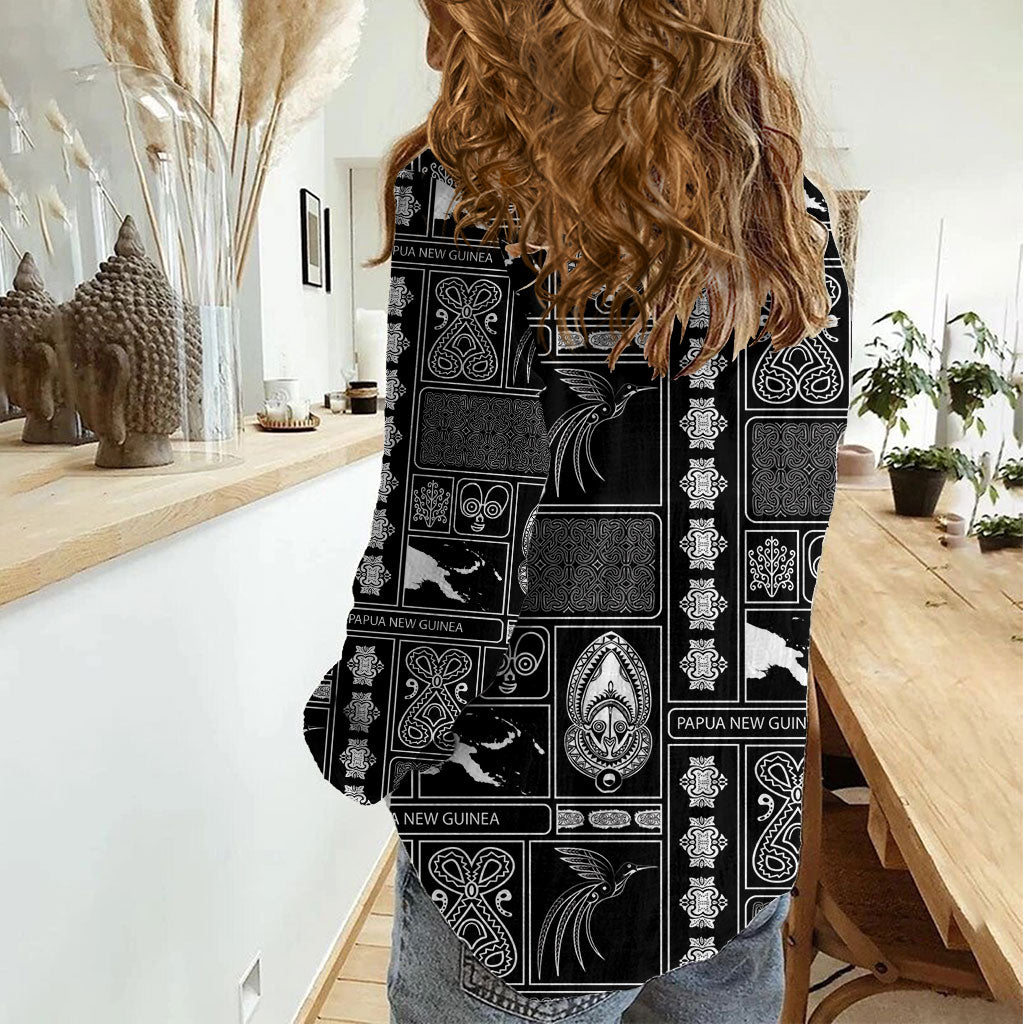 Papua New Guinea Heritage Motif Women Casual Shirt Black Version LT05 - Polynesian Pride