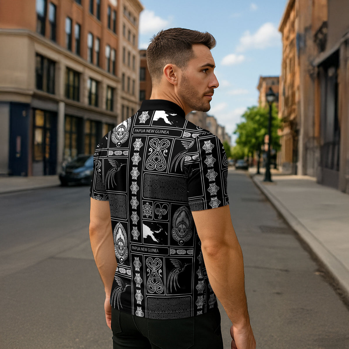 Papua New Guinea Heritage Motif Zipper Polo Shirt Black Version LT05 - Polynesian Pride
