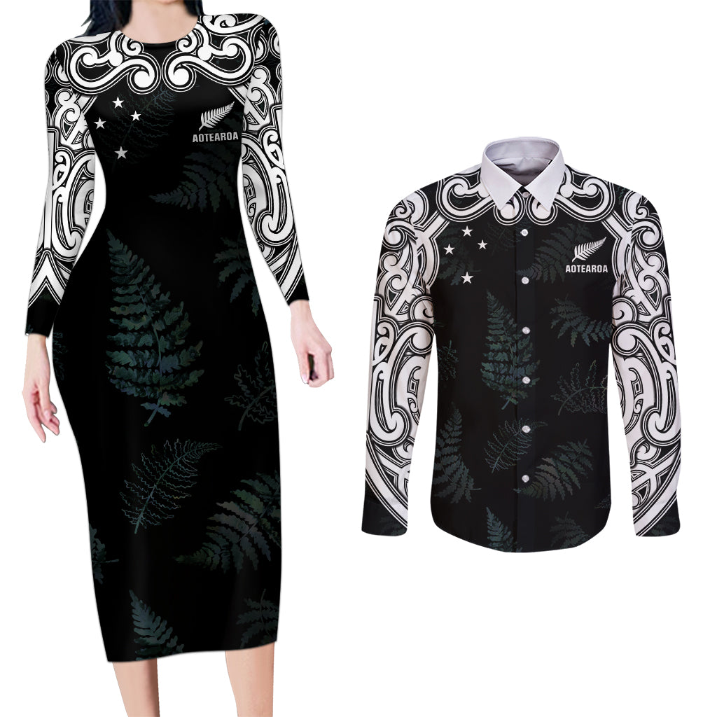 Custom New Zealand Fern Women Rugby Couples Matching Long Sleeve Bodycon Dress and Long Sleeve Button Shirt Maori Pattern