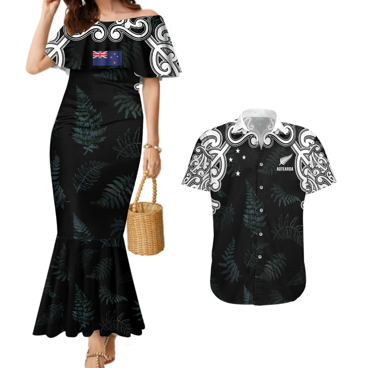 Custom New Zealand Fern Women Rugby Couples Matching Mermaid Dress and Hawaiian Shirt Maori Pattern