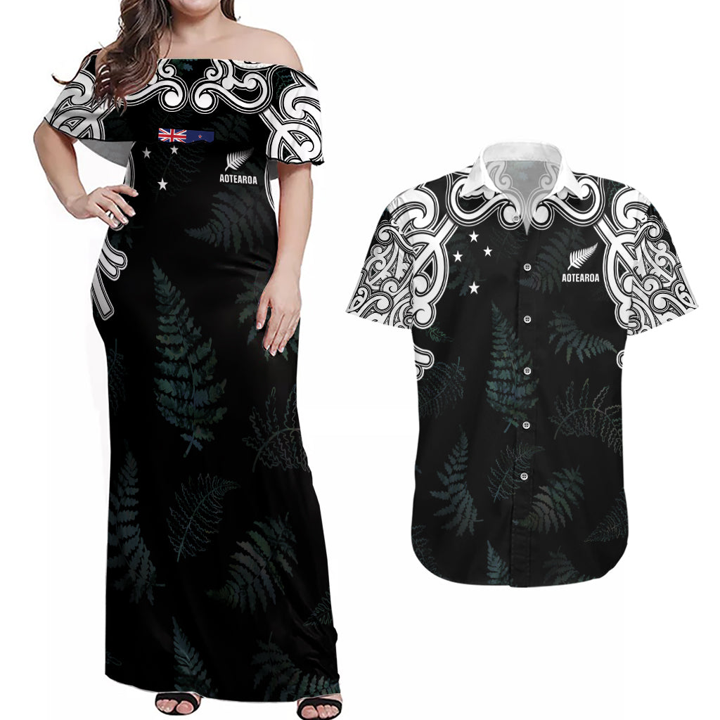 Custom New Zealand Fern Women Rugby Couples Matching Off Shoulder Maxi Dress and Hawaiian Shirt Maori Pattern