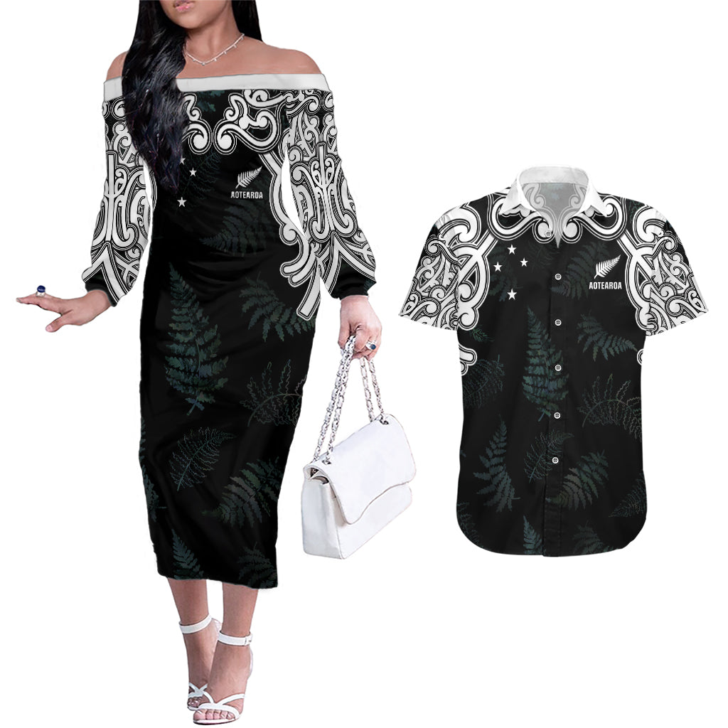 Custom New Zealand Fern Women Rugby Couples Matching Off The Shoulder Long Sleeve Dress and Hawaiian Shirt Maori Pattern