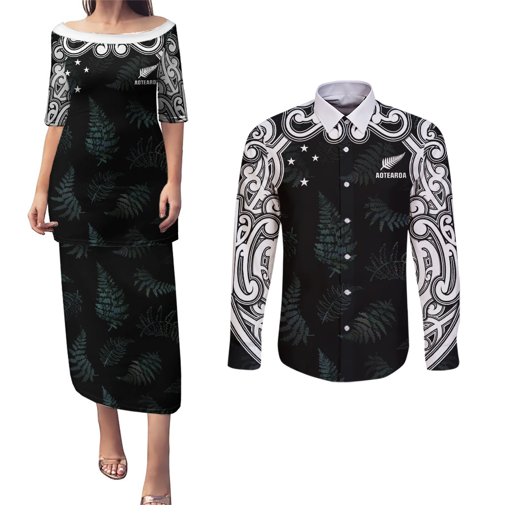 Custom New Zealand Fern Women Rugby Couples Matching Puletasi and Long Sleeve Button Shirt Maori Pattern