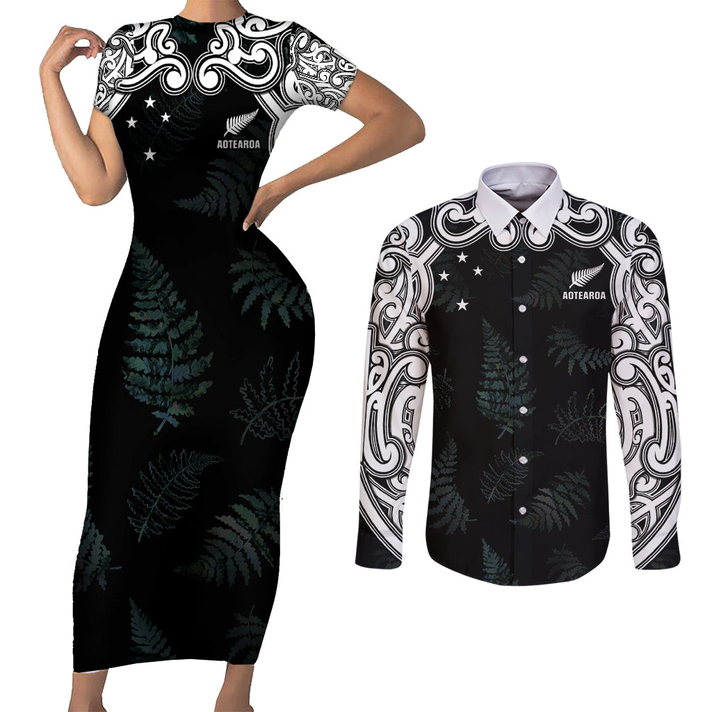 Custom New Zealand Fern Women Rugby Couples Matching Short Sleeve Bodycon Dress and Long Sleeve Button Shirt Maori Pattern