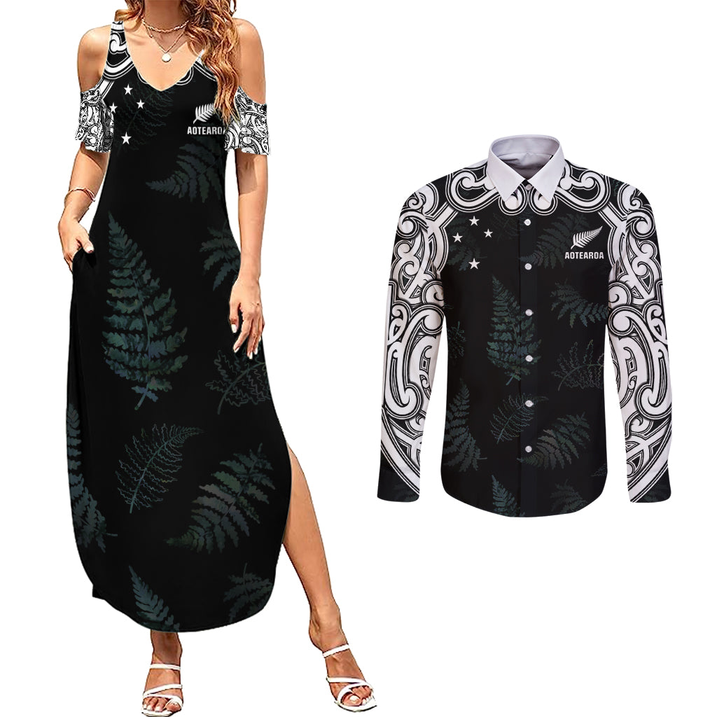 Custom New Zealand Fern Women Rugby Couples Matching Summer Maxi Dress and Long Sleeve Button Shirt Maori Pattern