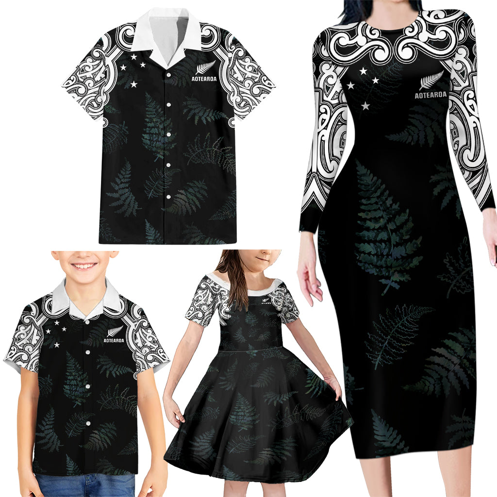 Custom New Zealand Fern Women Rugby Family Matching Long Sleeve Bodycon Dress and Hawaiian Shirt Maori Pattern