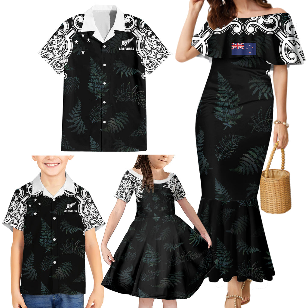 Custom New Zealand Fern Women Rugby Family Matching Mermaid Dress and Hawaiian Shirt Maori Pattern