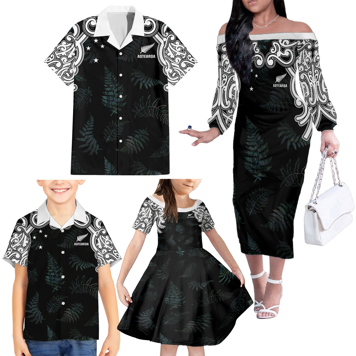 Custom New Zealand Fern Women Rugby Family Matching Off The Shoulder Long Sleeve Dress and Hawaiian Shirt Maori Pattern