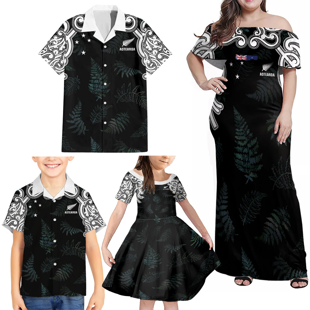 Custom New Zealand Fern Women Rugby Family Matching Off Shoulder Maxi Dress and Hawaiian Shirt Maori Pattern