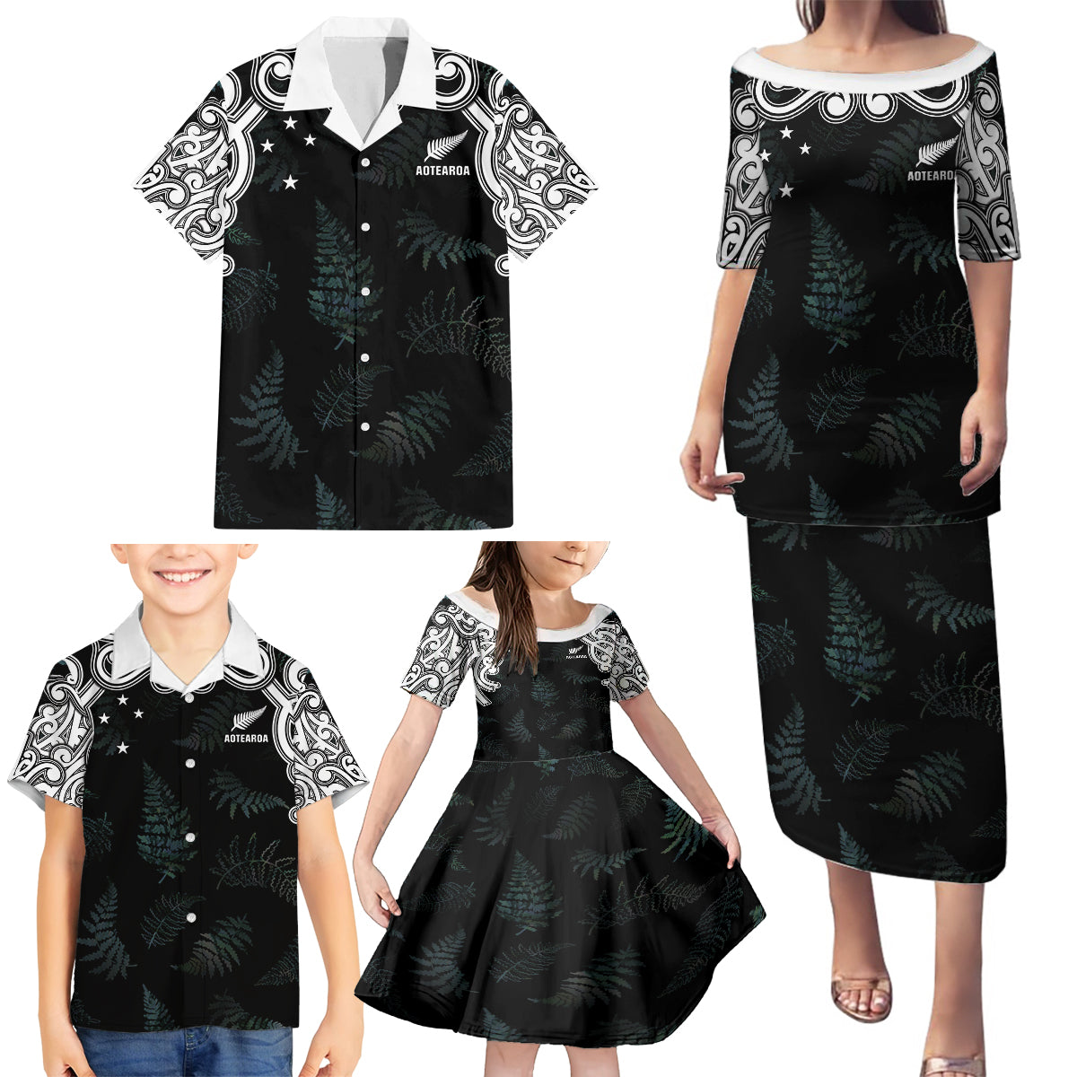 Custom New Zealand Fern Women Rugby Family Matching Puletasi and Hawaiian Shirt Maori Pattern