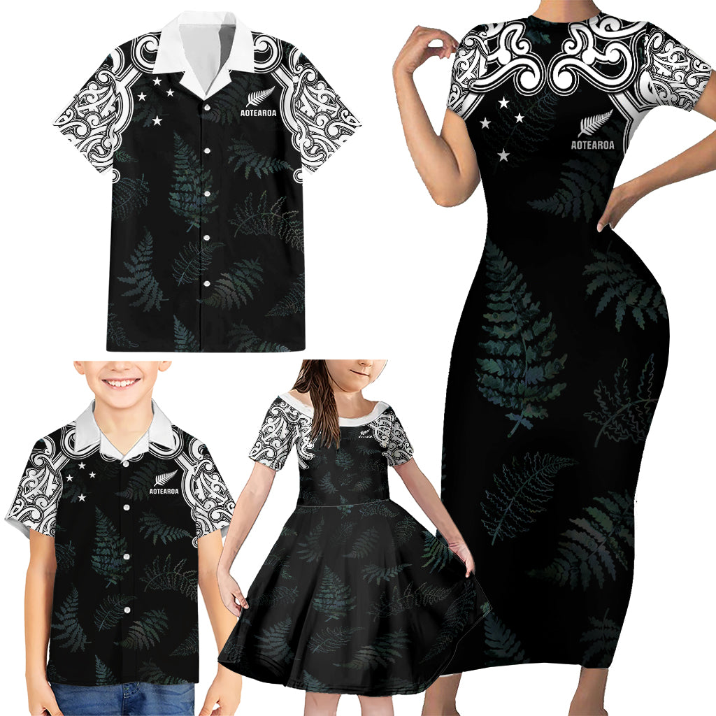 Custom New Zealand Fern Women Rugby Family Matching Short Sleeve Bodycon Dress and Hawaiian Shirt Maori Pattern