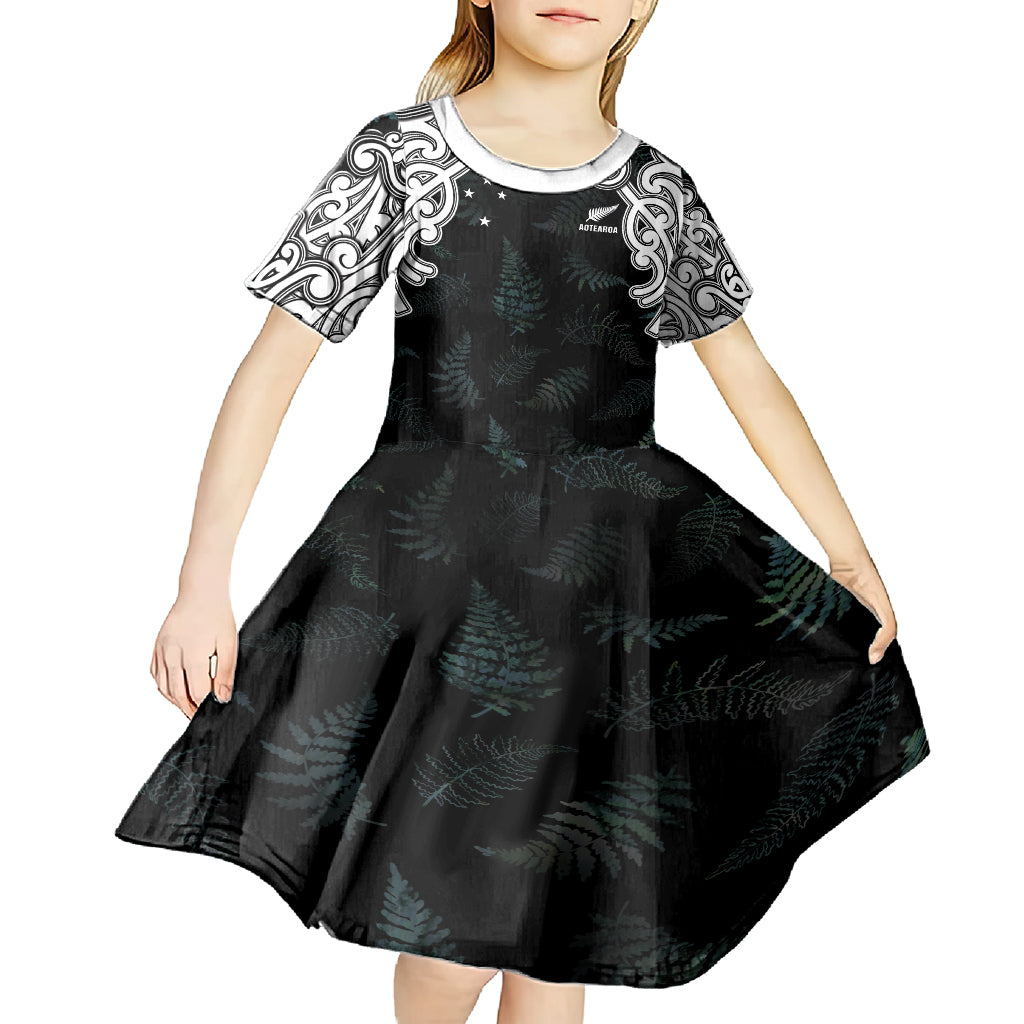 Custom New Zealand Fern Women Rugby Kid Short Sleeve Dress Maori Pattern