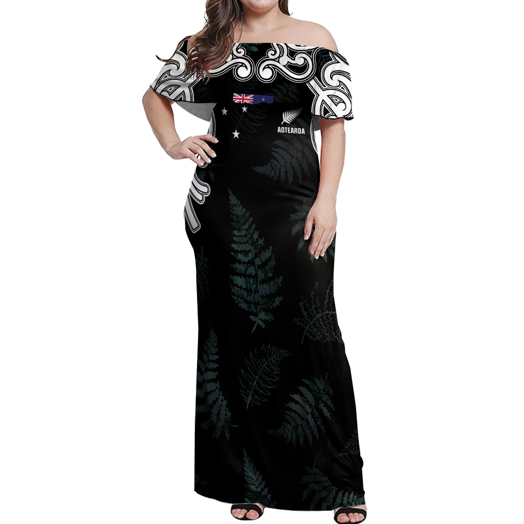 Custom New Zealand Fern Women Rugby Off Shoulder Maxi Dress Maori Pattern