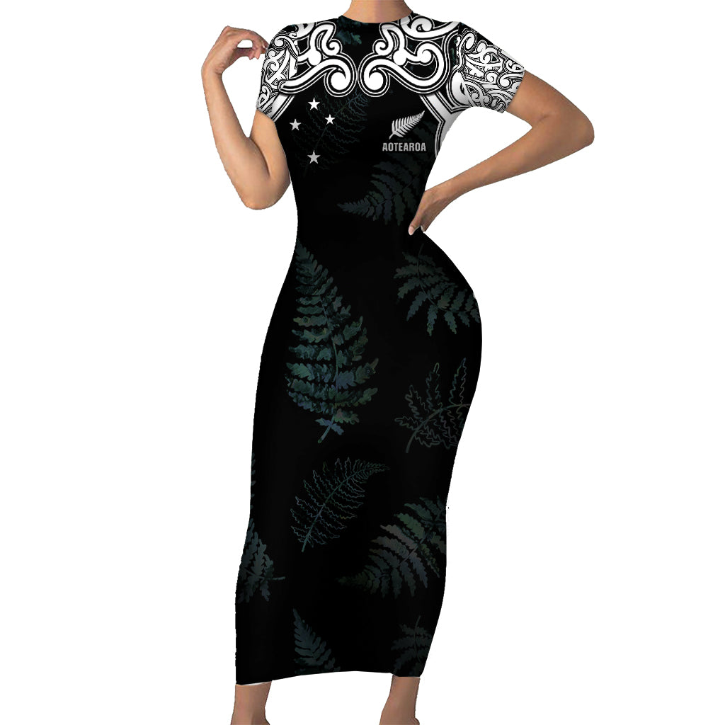 Custom New Zealand Fern Women Rugby Short Sleeve Bodycon Dress Maori Pattern