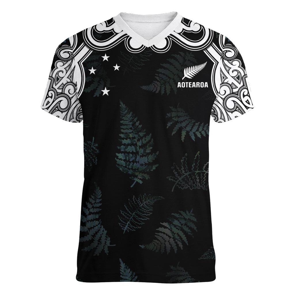 Custom New Zealand Fern Women Rugby Women V-Neck T-Shirt Maori Pattern