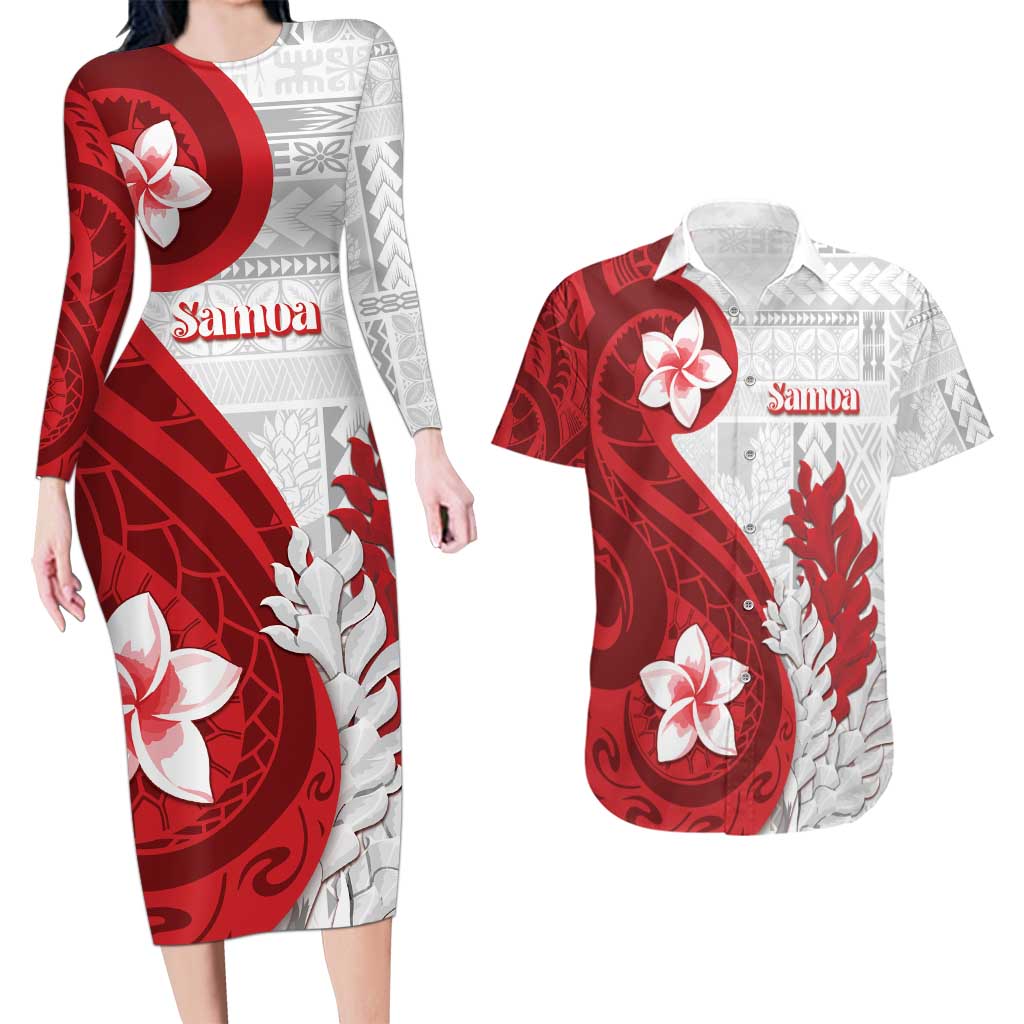 Samoa Teuila 2024 Couples Matching Long Sleeve Bodycon Dress and Hawaiian Shirt Samoan Siapo Pattern Red Version