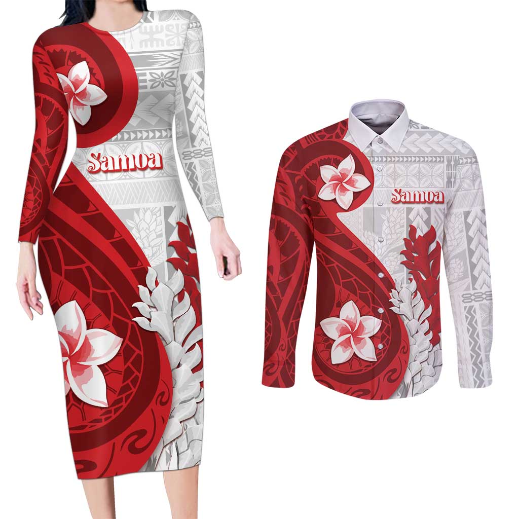 Samoa Teuila 2024 Couples Matching Long Sleeve Bodycon Dress and Long Sleeve Button Shirt Samoan Siapo Pattern Red Version