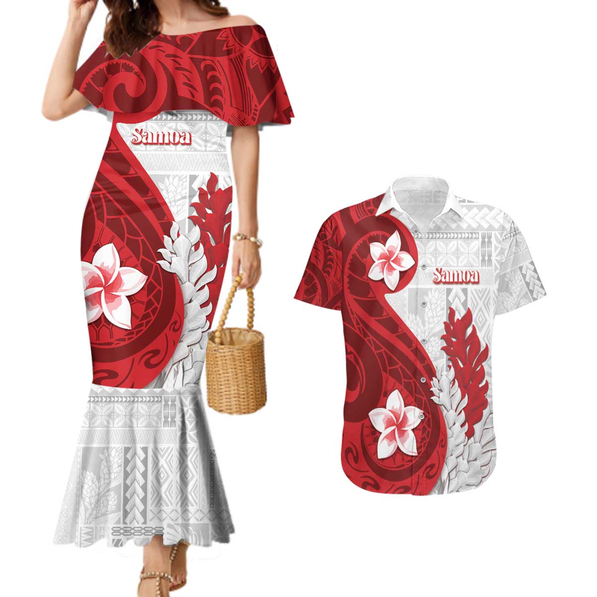 Samoa Teuila 2024 Couples Matching Mermaid Dress and Hawaiian Shirt Samoan Siapo Pattern Red Version