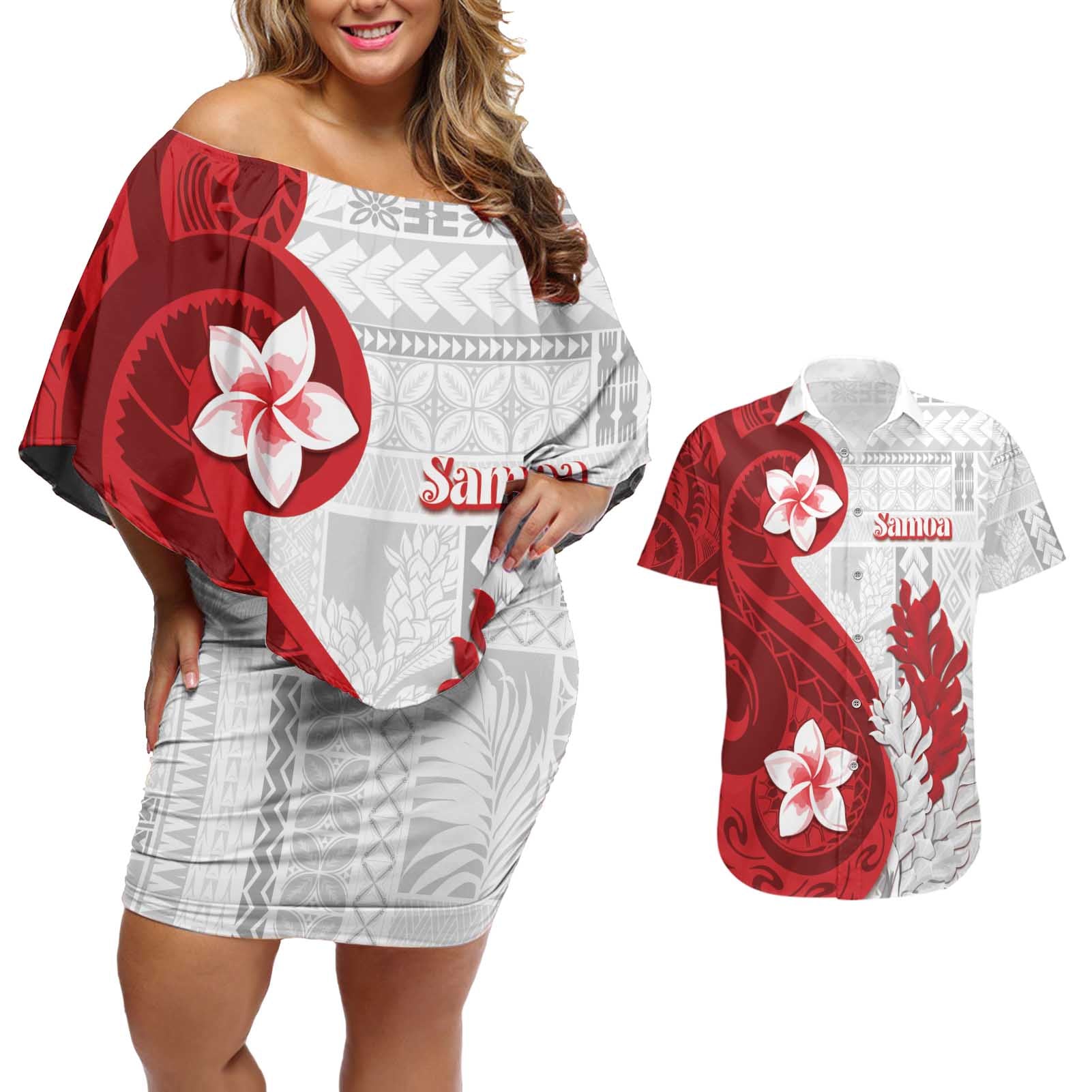 Samoa Teuila 2024 Couples Matching Off Shoulder Short Dress and Hawaiian Shirt Samoan Siapo Pattern Red Version