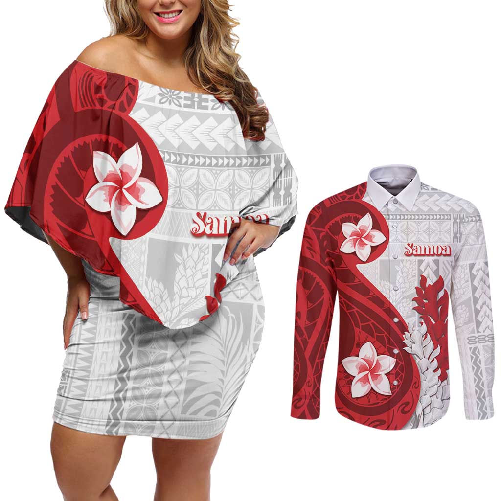 Samoa Teuila 2024 Couples Matching Off Shoulder Short Dress and Long Sleeve Button Shirt Samoan Siapo Pattern Red Version