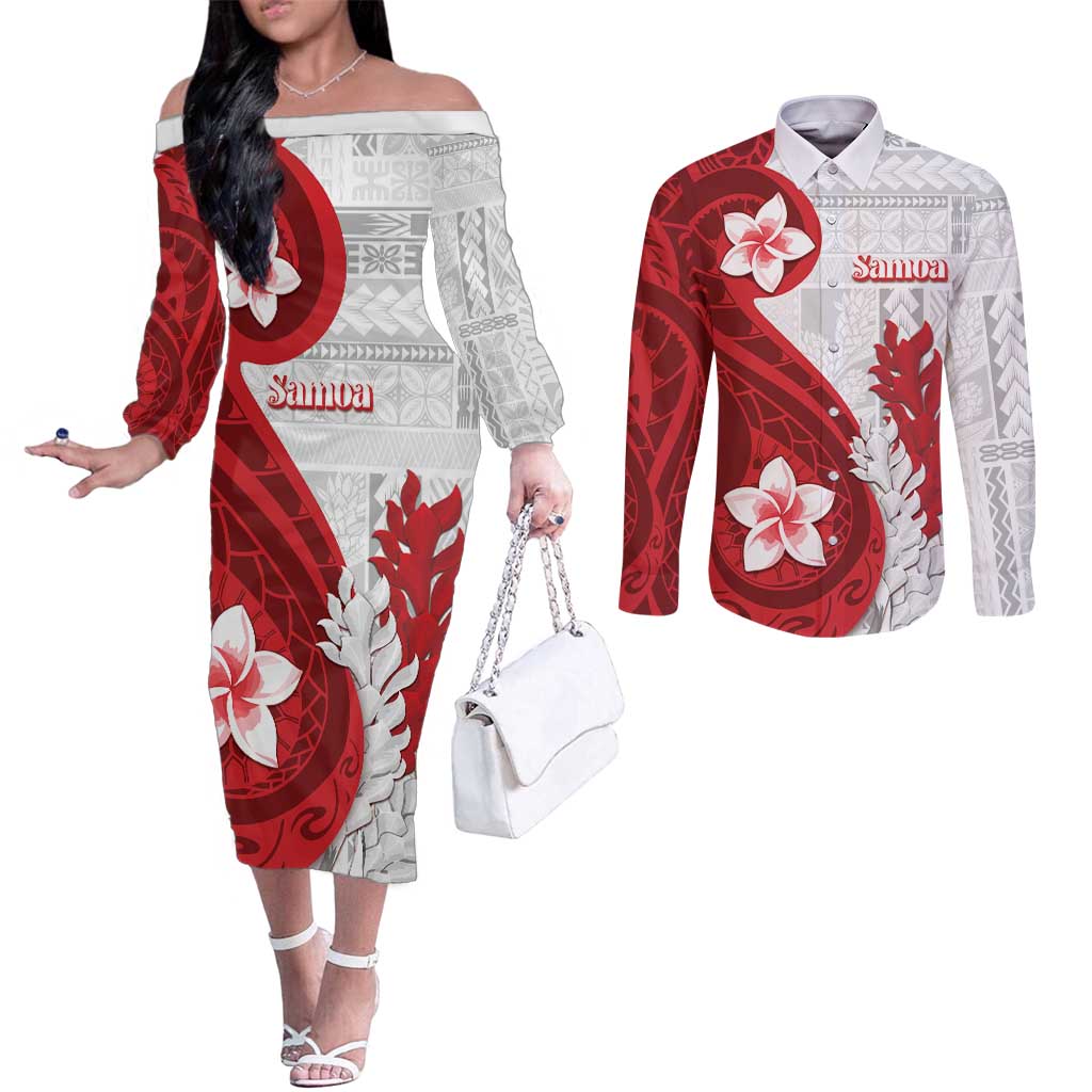 Samoa Teuila 2024 Couples Matching Off The Shoulder Long Sleeve Dress and Long Sleeve Button Shirt Samoan Siapo Pattern Red Version