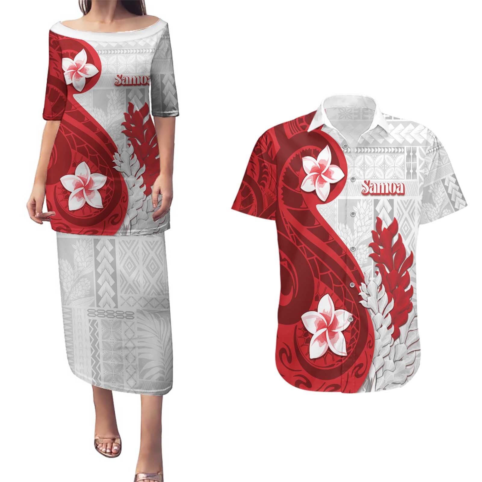 Samoa Teuila 2024 Couples Matching Puletasi and Hawaiian Shirt Samoan Siapo Pattern Red Version