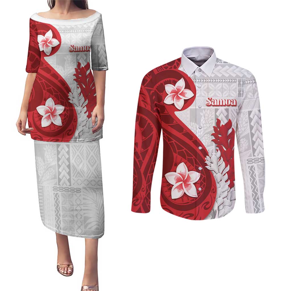 Samoa Teuila 2024 Couples Matching Puletasi and Long Sleeve Button Shirt Samoan Siapo Pattern Red Version