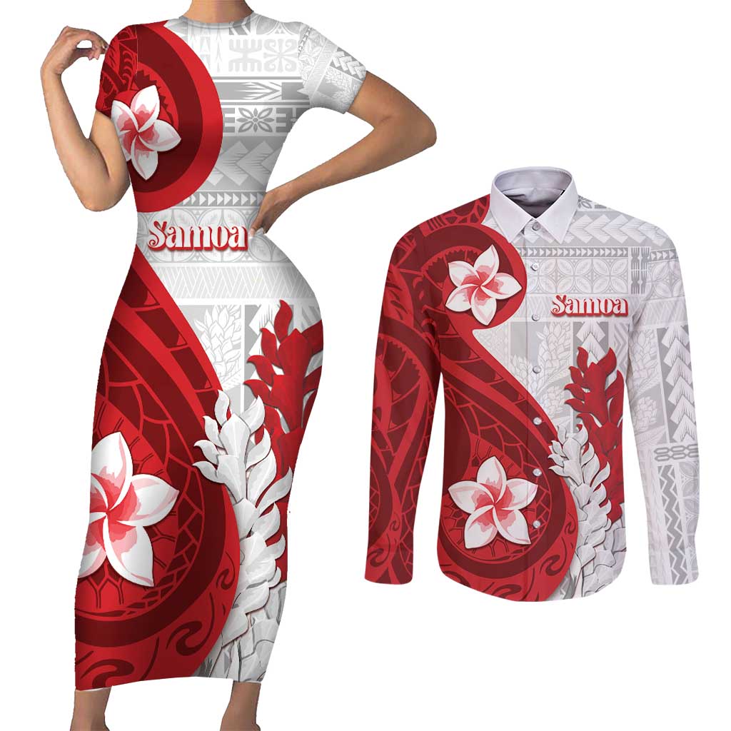 Samoa Teuila 2024 Couples Matching Short Sleeve Bodycon Dress and Long Sleeve Button Shirt Samoan Siapo Pattern Red Version