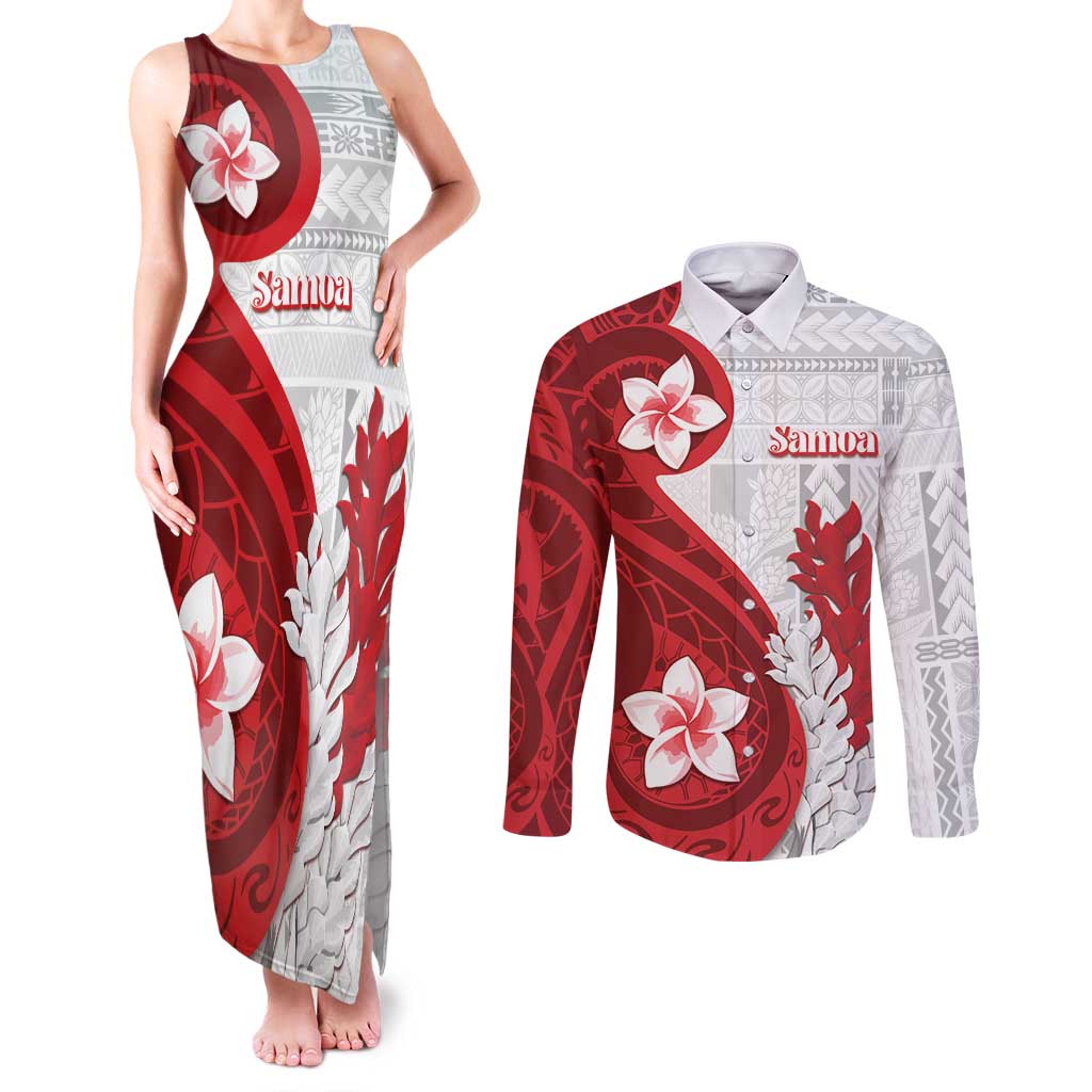 Samoa Teuila 2024 Couples Matching Tank Maxi Dress and Long Sleeve Button Shirt Samoan Siapo Pattern Red Version