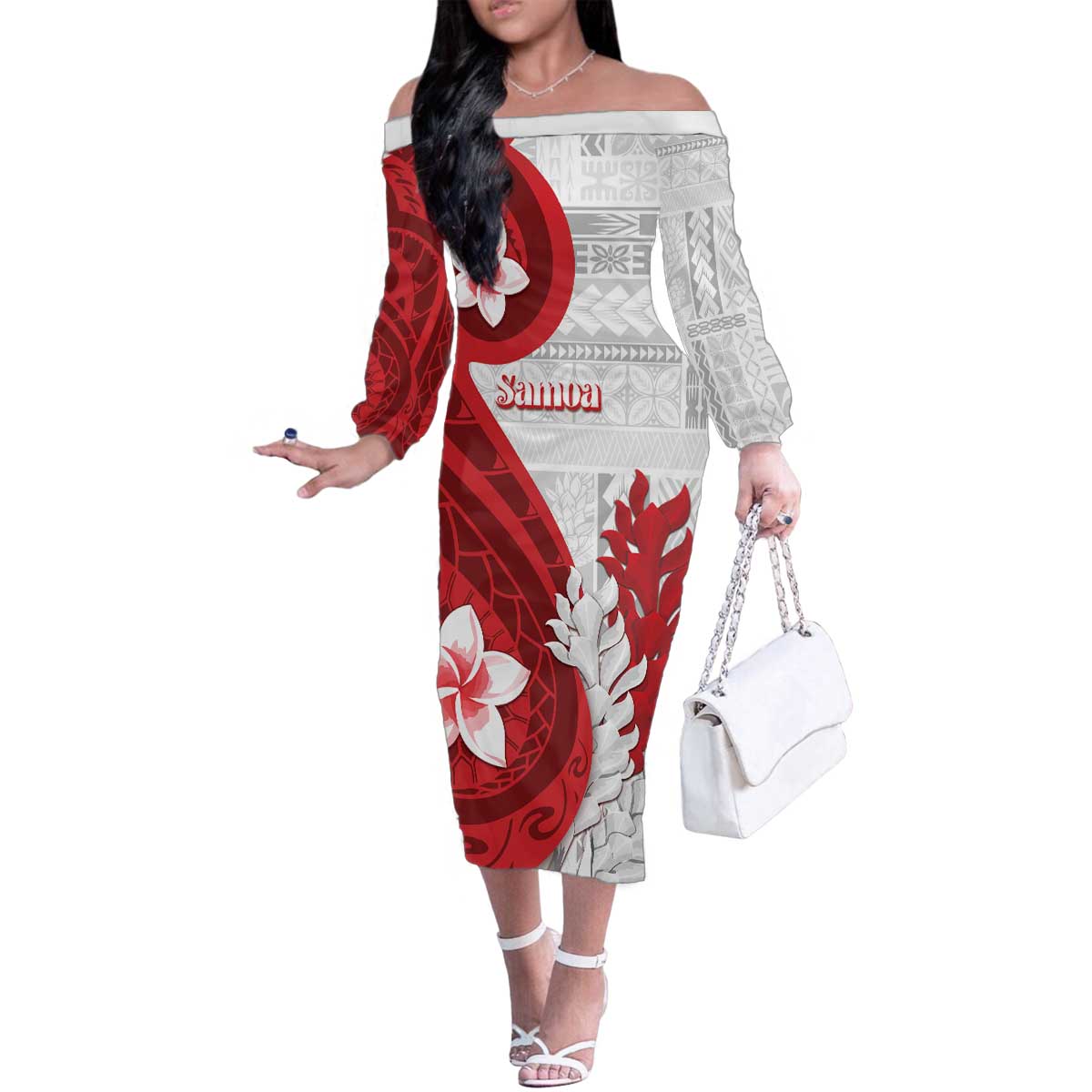 Samoa Teuila 2024 Family Matching Off The Shoulder Long Sleeve Dress and Hawaiian Shirt Samoan Siapo Pattern Red Version