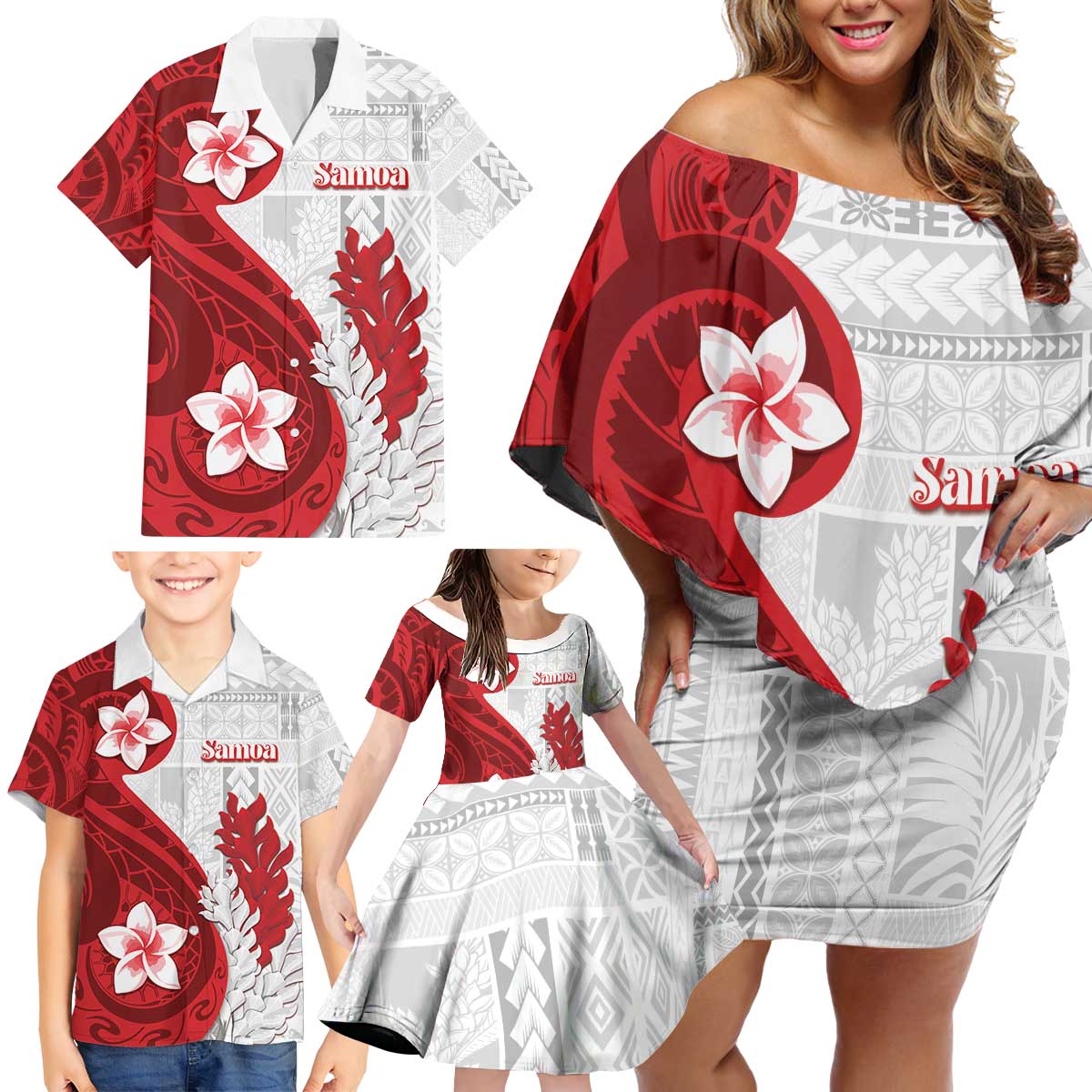 Samoa Teuila 2024 Family Matching Off Shoulder Short Dress and Hawaiian Shirt Samoan Siapo Pattern Red Version