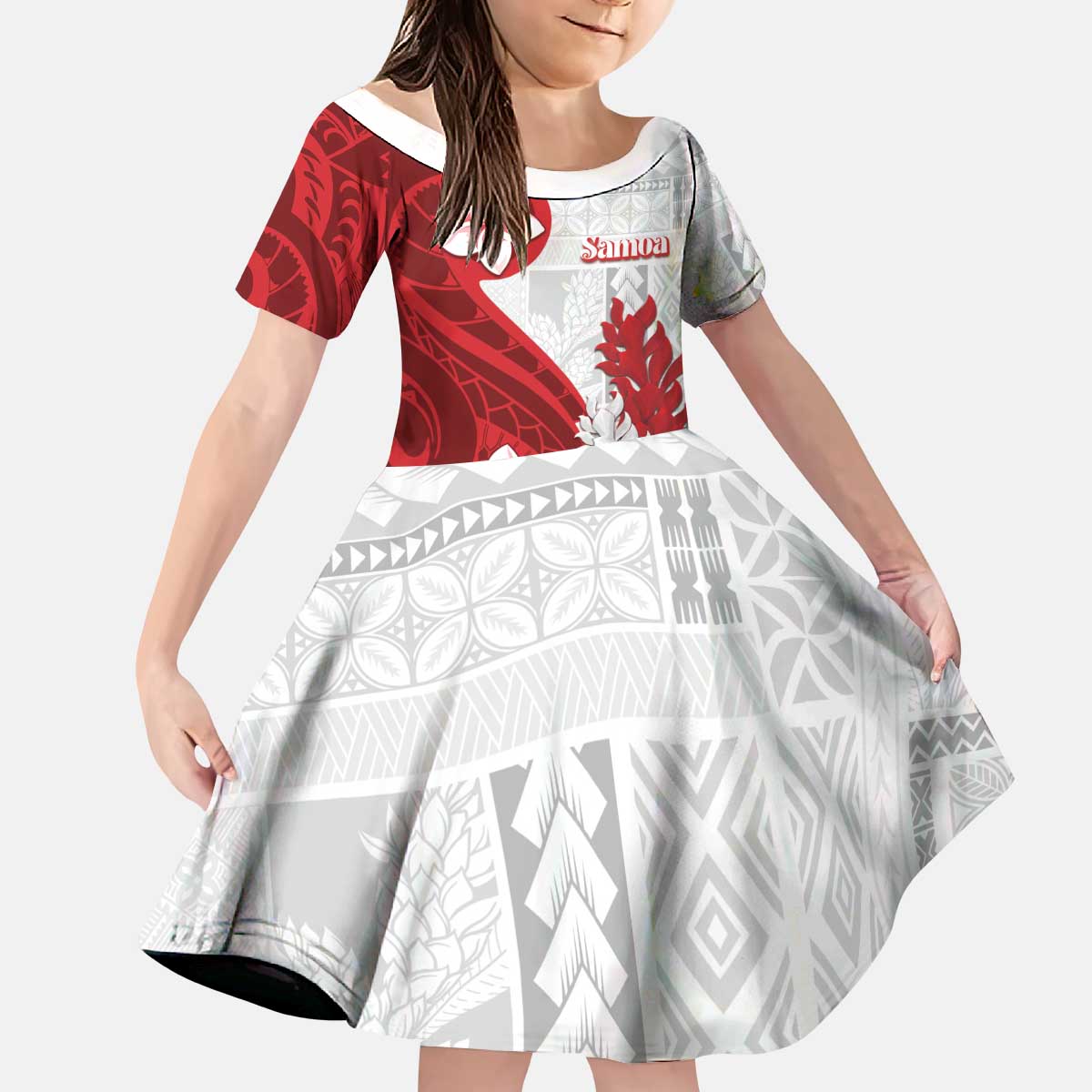 Samoa Teuila 2024 Kid Short Sleeve Dress Samoan Siapo Pattern Red Version