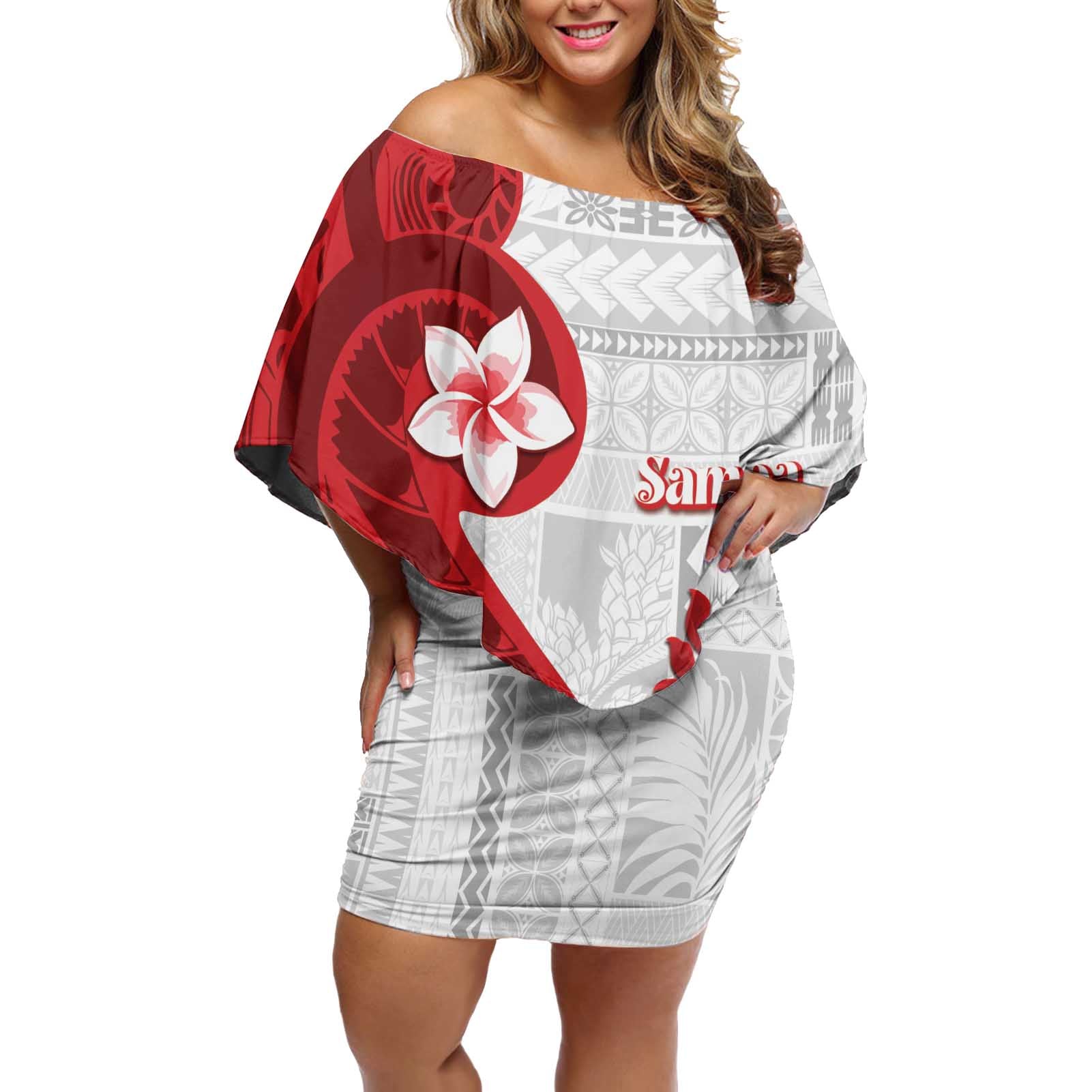 Samoa Teuila 2024 Off Shoulder Short Dress Samoan Siapo Pattern Red Version