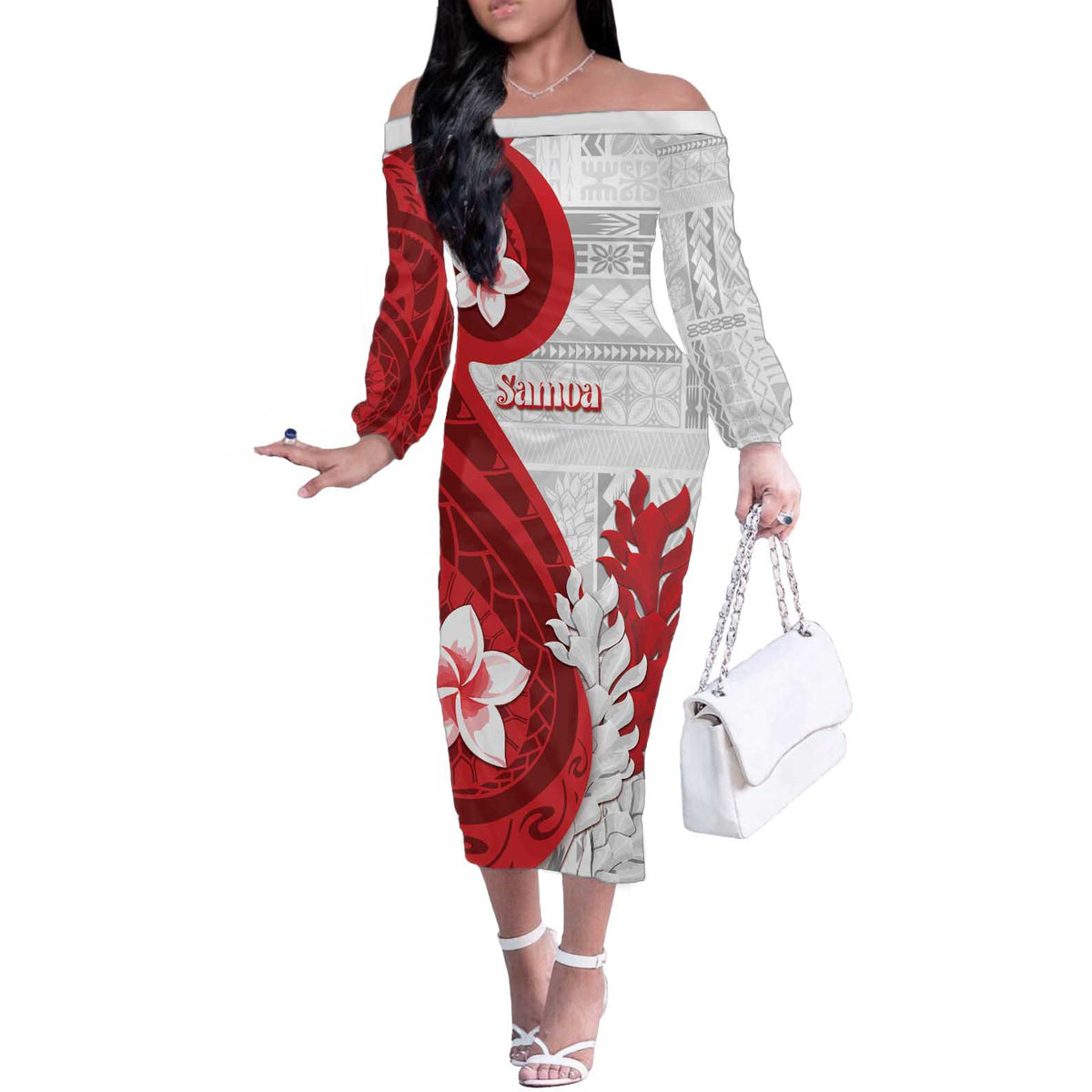Samoa Teuila 2024 Off The Shoulder Long Sleeve Dress Samoan Siapo Pattern Red Version