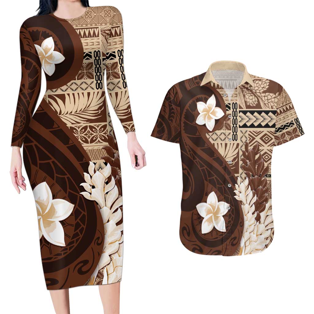 Samoa Teuila 2024 Couples Matching Long Sleeve Bodycon Dress and Hawaiian Shirt Samoan Siapo Pattern Brown Version