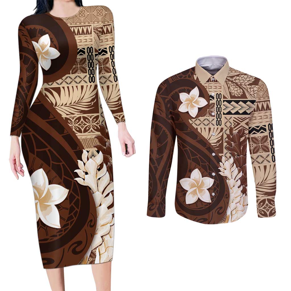 Samoa Teuila 2024 Couples Matching Long Sleeve Bodycon Dress and Long Sleeve Button Shirt Samoan Siapo Pattern Brown Version