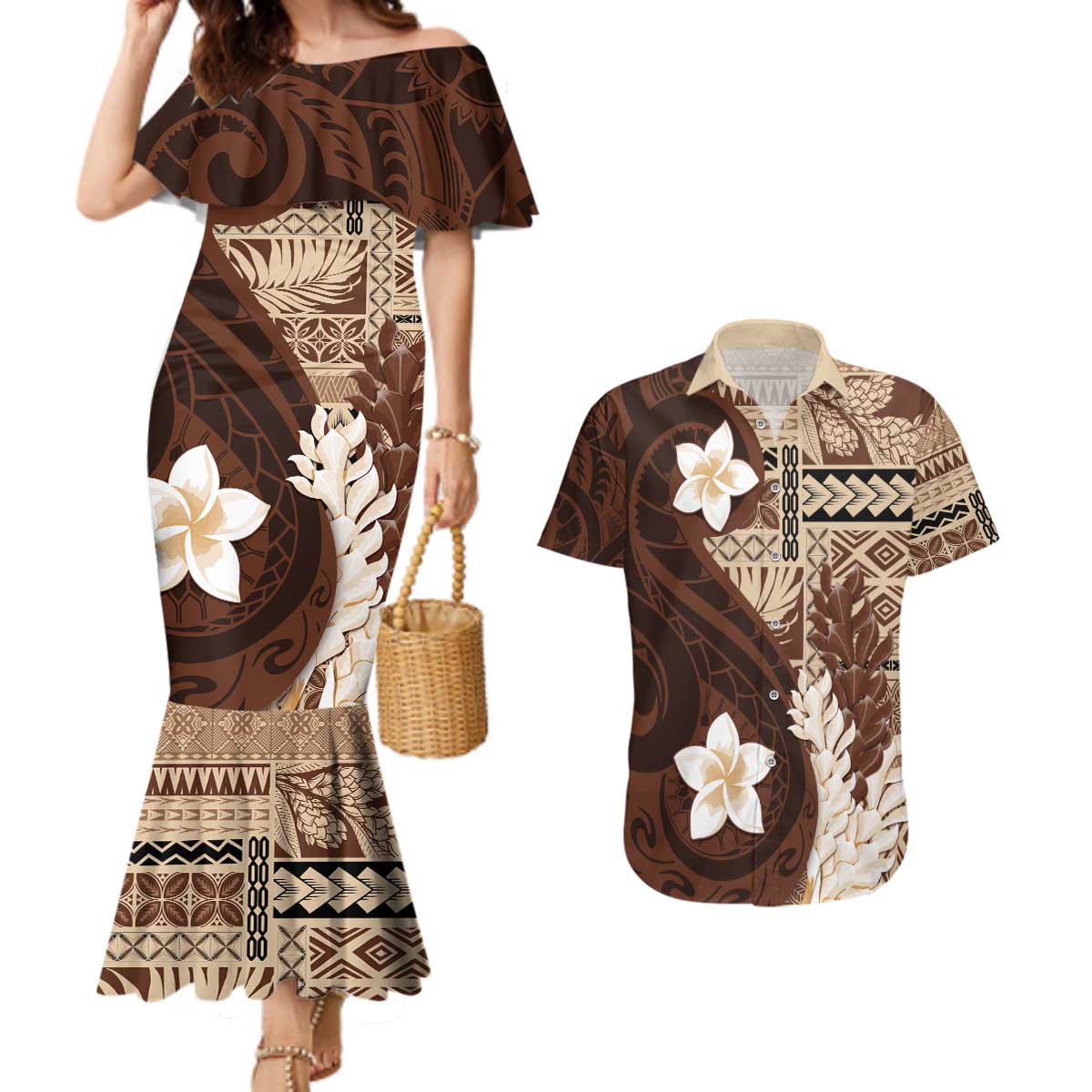 Samoa Teuila 2024 Couples Matching Mermaid Dress and Hawaiian Shirt Samoan Siapo Pattern Brown Version