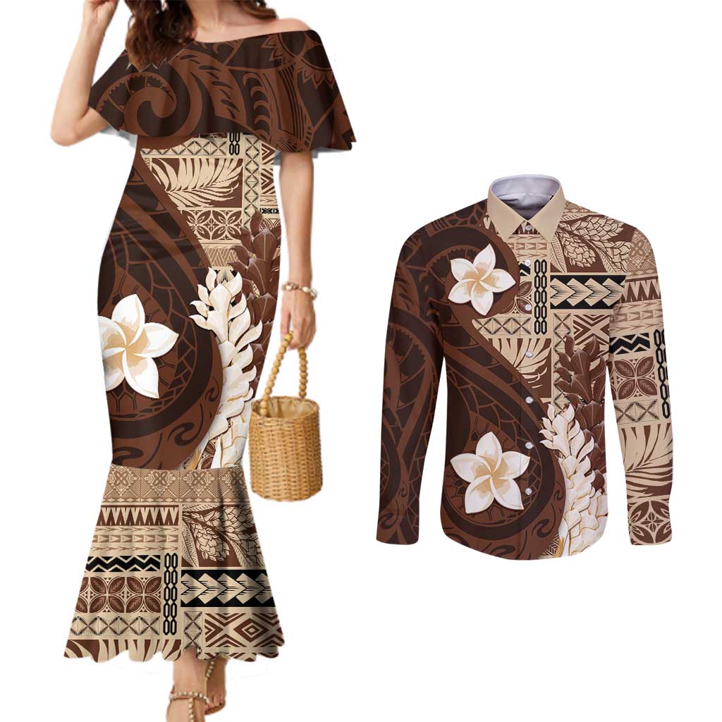 Samoa Teuila 2024 Couples Matching Mermaid Dress and Long Sleeve Button Shirt Samoan Siapo Pattern Brown Version