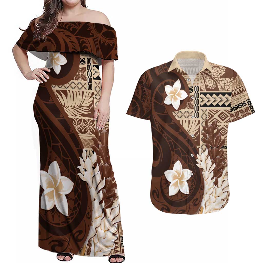 Samoa Teuila 2024 Couples Matching Off Shoulder Maxi Dress and Hawaiian Shirt Samoan Siapo Pattern Brown Version
