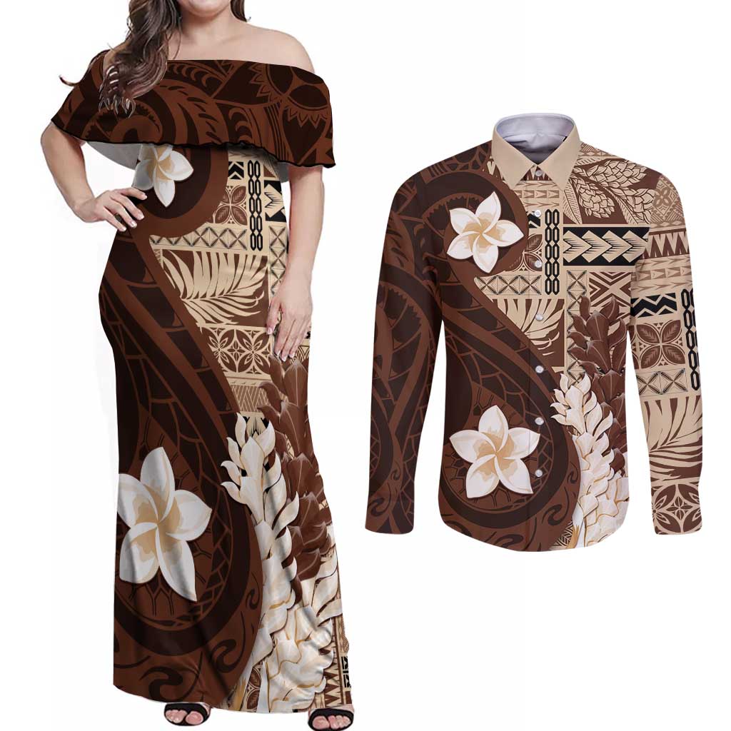 Samoa Teuila 2024 Couples Matching Off Shoulder Maxi Dress and Long Sleeve Button Shirt Samoan Siapo Pattern Brown Version