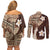 Samoa Teuila 2024 Couples Matching Off Shoulder Short Dress and Long Sleeve Button Shirt Samoan Siapo Pattern Brown Version