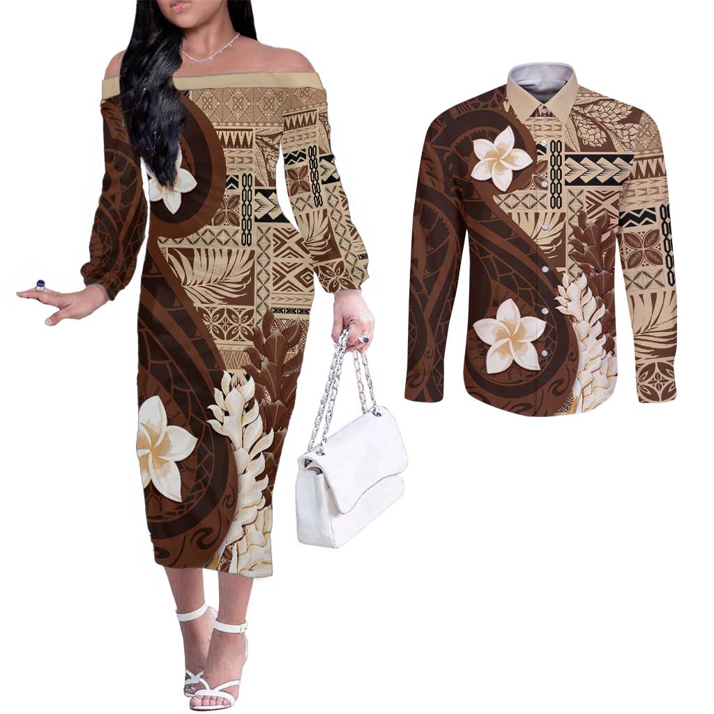 Samoa Teuila 2024 Couples Matching Off The Shoulder Long Sleeve Dress and Long Sleeve Button Shirt Samoan Siapo Pattern Brown Version