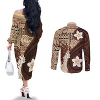 Samoa Teuila 2024 Couples Matching Off The Shoulder Long Sleeve Dress and Long Sleeve Button Shirt Samoan Siapo Pattern Brown Version
