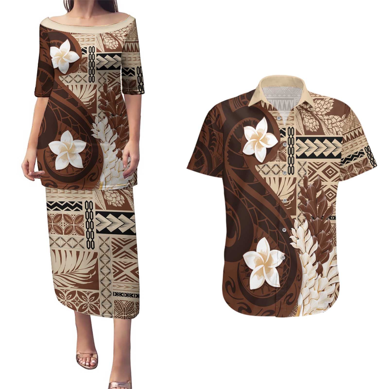 Samoa Teuila 2024 Couples Matching Puletasi and Hawaiian Shirt Samoan Siapo Pattern Brown Version