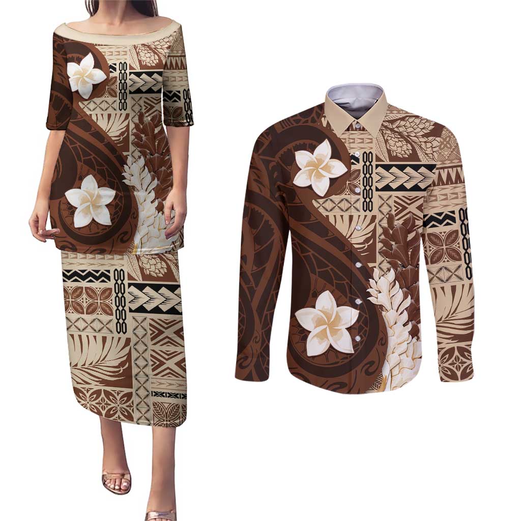 Samoa Teuila 2024 Couples Matching Puletasi and Long Sleeve Button Shirt Samoan Siapo Pattern Brown Version